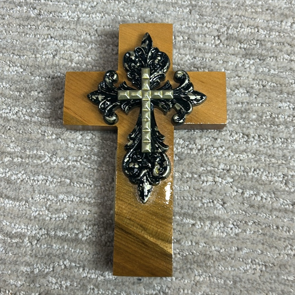 7” Handmade Wood Cross Black & Silver Accents